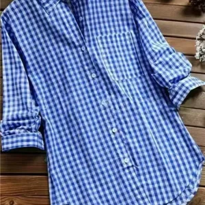 Plus Size Plaid Button-Down Shirt with Polo Collar and Long Sleeves