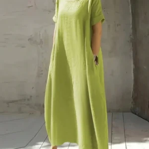 Plus Size Long Casual Dress – Loose Fit Short Sleeve Round Neck