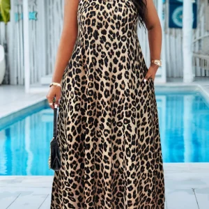Plus Size Leopard Print Maxi Dress – Spaghetti Strap Summer Dress