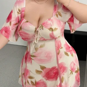 Plus Size Floral A-Line Dress with Ruffle Sleeves, V-Neck and Tiered Hem