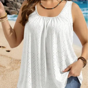 Plus Size Eyelet Tank Top with Square Neck and Curved Hem