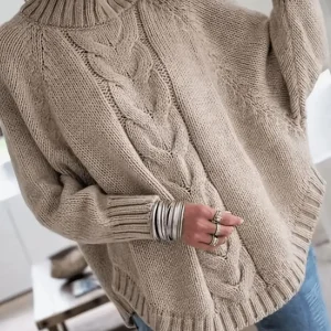 Plus Size Chunky Cable Knit Mock Neck Sweater, Oversized Loose Pullover
