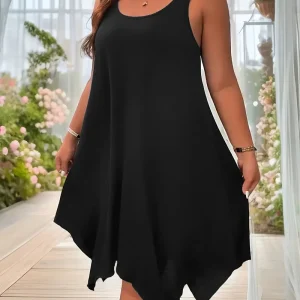 Plus Size Casual Asymmetrical Dress – Solid A-Line Sleeveless Dress