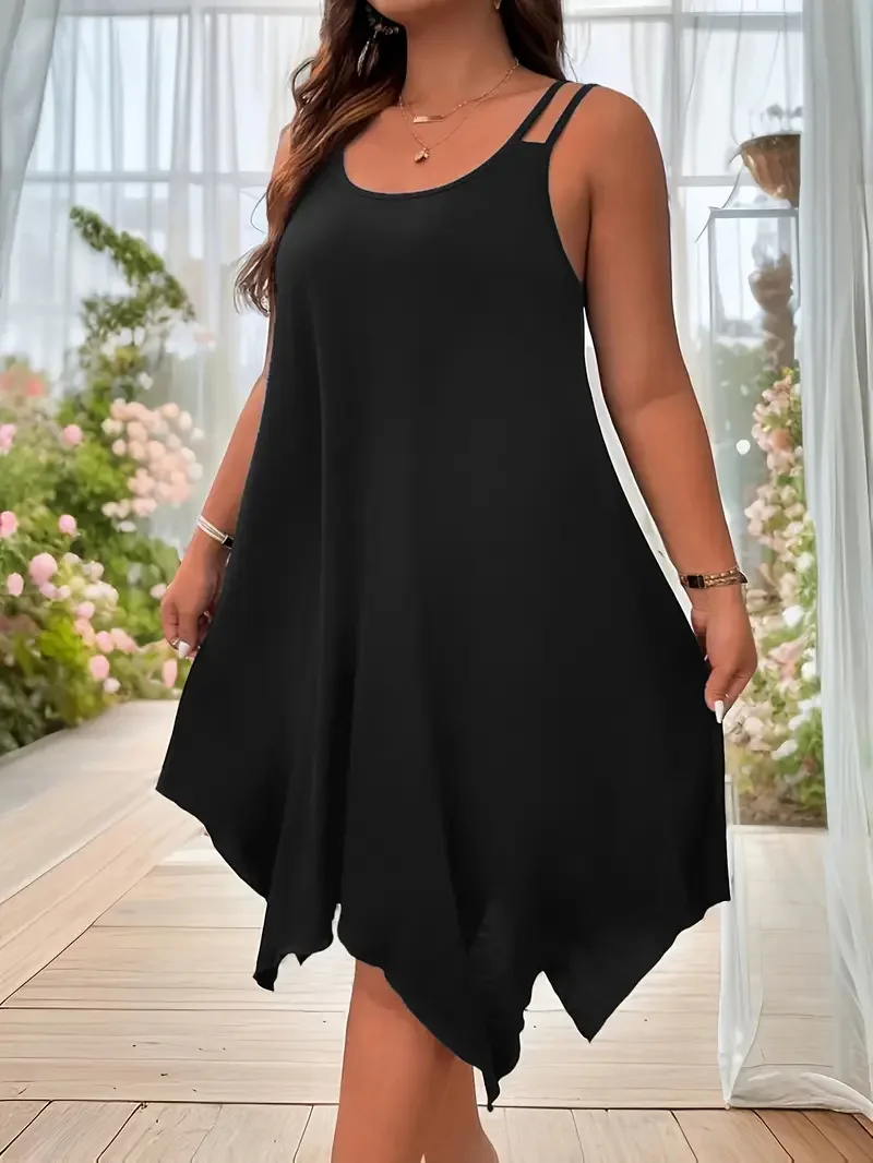 Plus Size Casual Asymmetrical Dress – Solid A-Line Sleeveless Dress