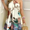 Plus Size Print Mini Dress – Sleeveless Halter Neck Backless Beach Dress