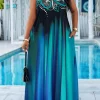 Plus Size Teal Blue Gradient Print Maxi Dress – Sleeveless A-Line Dress with Pockets