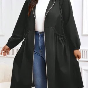 Plus Size Lightweight Hooded Coat, Long Sleeve Zip Front Outerwear