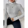 Plus Size Ribbed Knit Turtleneck Top, Long Sleeve Slim Fit Sweater