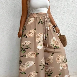 Plus Size Printed Wide Leg Pants with Drawstring Waist and Loose Fit