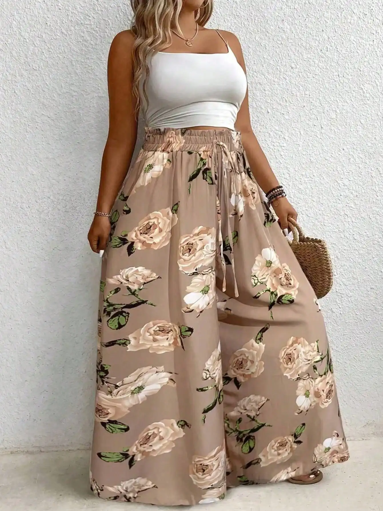 Plus Size Printed Wide Leg Pants with Drawstring Waist and Loose Fit