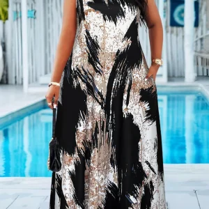 Plus Size Abstract Print Maxi Dress – Sleeveless A-Line Dress with Side Pockets