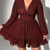 Plus Size Leopard Party Dress – V-Neck Long Sleeve A-Line Dress