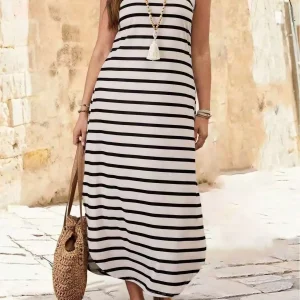 Plus Size Striped Tank Maxi Dress – Loose-Fit U-Neck Dress