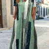 Plus Size Striped V-Neck Casual Dress – Short Sleeve Straight-Cut Midi Dress