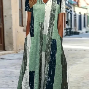 Plus Size Striped V-Neck Casual Dress – Short Sleeve Straight-Cut Midi Dress