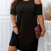 Plus Size Cold Shoulder Casual Dress – Loose Fit Knee-Length Short Sleeve Dress