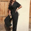 Plus Size Polka Dot Jumpsuit, V-Neck Wide Leg Elastic Waist Romper