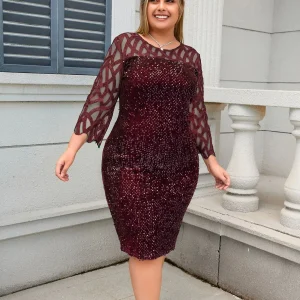Plus Size Sequin Evening Dress – Long Sleeve Midi Sheath Dress