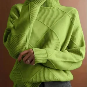 Plus Size Diamond Lattice Turtleneck Sweater, Casual Long Sleeve Knit Pullover