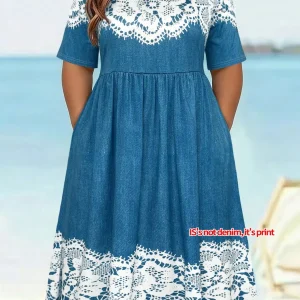 Plus Size Midi Dress – Printed A-Line O-Neck Dress with Pockets