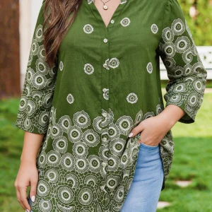 Plus Size  Patterned Tunic with V-Neck and 3/4 Sleeves