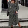 Plus Size Polka Dot Midi Dress – Square Neck Long Sleeve Dress