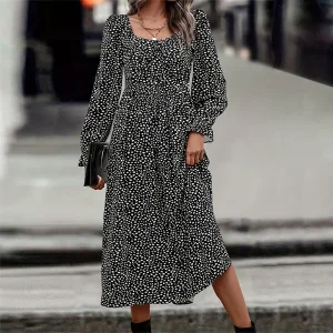 Plus Size Polka Dot Midi Dress – Square Neck Long Sleeve Dress