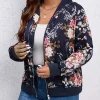 Plus Size Floral Print Jacket, Casual Baseball Collar Zipper Jacket