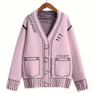 Plus Size Geometric Cardigan with V-Neck and Button Front