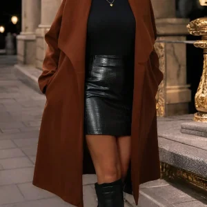 Plus Size Caramel Brown Coat, Mid-Length Loose Lapel Outerwear