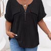 Plus Size Half-Zip Ribbed Top with Short Sleeves and Chest Pockets