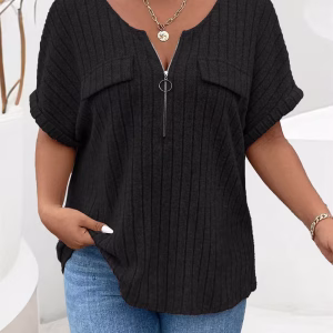 Plus Size Half-Zip Ribbed Top with Short Sleeves and Chest Pockets