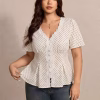 Plus Size Polka Dot Lace Peplum Top with V-Neck and Short Sleeves