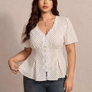 Plus Size Polka Dot Lace Peplum Top with V-Neck and Short Sleeves