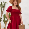 Plus Size Casual A-Line Dress – Square Neck Puff Sleeve Mini Dress