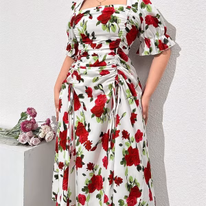 Plus Size French Vintage Floral Dress with Square Neck, Puff Sleeves and Drawstring Waist