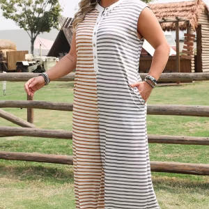Plus Size Striped Jumpsuit, Color Block Half-Button Wide Leg Design
