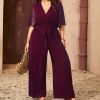 Plus Size Swiss Dot Jumpsuit, V-Neck Wide Leg Belted Design