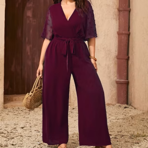 Plus Size Swiss Dot Jumpsuit, V-Neck Wide Leg Belted Design