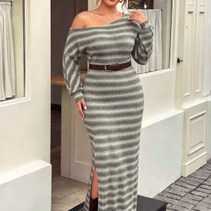 Plus Size Striped Knit Dress, Asymmetrical Neck Slim Ankle-Length Dress