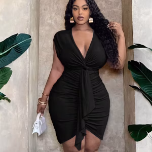 Plus Size Black Party Dress – Deep V-Neck Twist Front Mini Dress