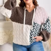 Plus Size Color Block Tie-Neck Sweater, V-Neck Knit Pullover