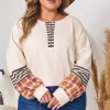 Plus Size Casual Plaid Sweatshirt, Loose Crew Neck Button Detail