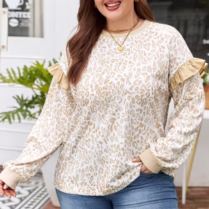 Plus Size Leopard Print Sweatshirt, Loose Crew Neck Ruffle Pullover