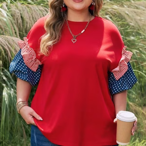 Plus Size Red Top with Layered Puff Sleeves and Round Neck