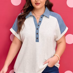 Plus Size Colorblock Button Front T-Shirt with Collared Neck and Short Sleeves