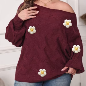 Plus Size Irregular Neck Batwing Sweater, Loose Knit Pullover