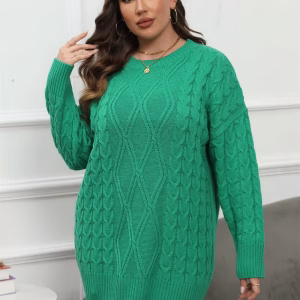 Plus Size Casual Long Knit Sweater, Loose Crew Neck Pullover