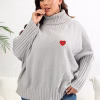Plus Size Heart Embroidery Turtleneck Sweater, Loose Batwing Knit Pullover