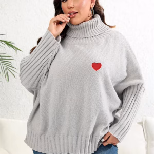 Plus Size Heart Embroidery Turtleneck Sweater, Loose Batwing Knit Pullover